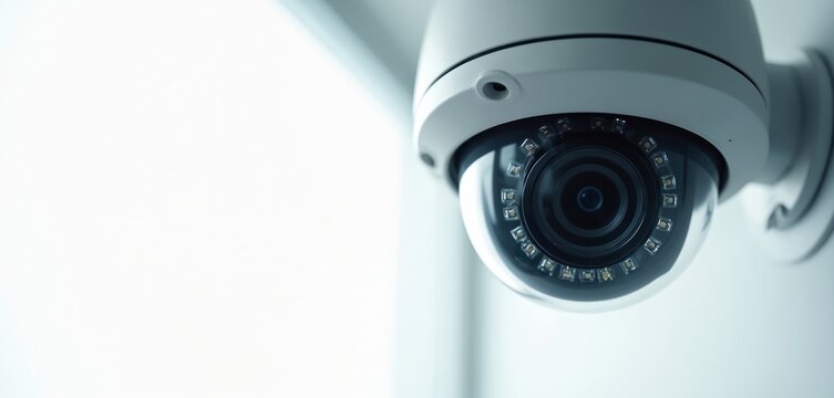 Close-up view of a white dome security camera with infrared LEDs. Device is mounted on ceiling or wall for surveillance. Modern tech for safety.