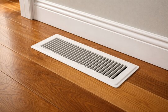 Interior design featuring white plastic HVAC vent on smooth hardwood floor by wall