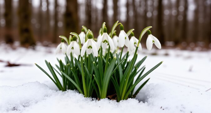 Close up of white spring snowdrop flowers growing in the snow, blurry forest  background 
