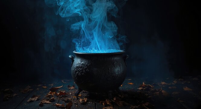 Rustic cauldron showcasing Halloween themed blue magic with copyspace for text