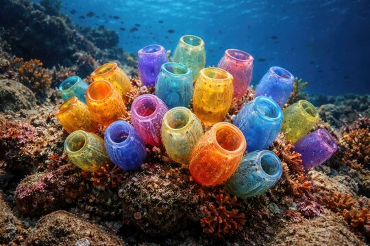 Colorful tunicate colony on rocky seabed