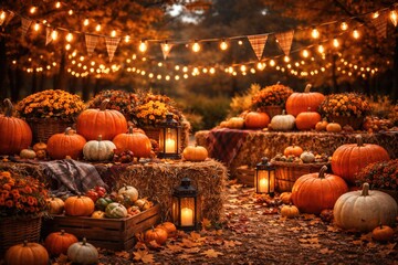 Fototapeta premium Festive autumn harvest scene with vibrant pumpkins and decorative garlands