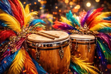 Fototapeta premium Traditional Latin drums amid radiant carnival feathers in a joyful atmosphere