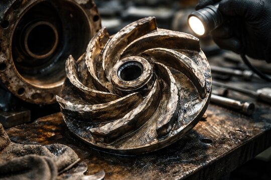 Worn centrifugal pump impeller illustrating engineering maintenance issues