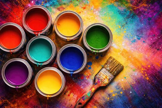 Top view of metal paint cans and brush on vibrant surface with copy space