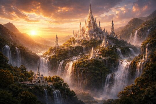 Digital illustration of a majestic white elf city perched on hills with waterfalls under a golden sunset sky