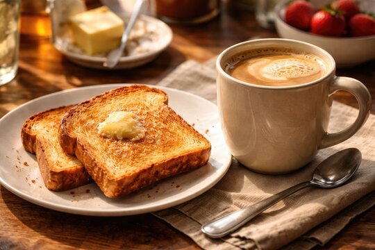 Morning breakfast with toasted bread and creamy coffee mug