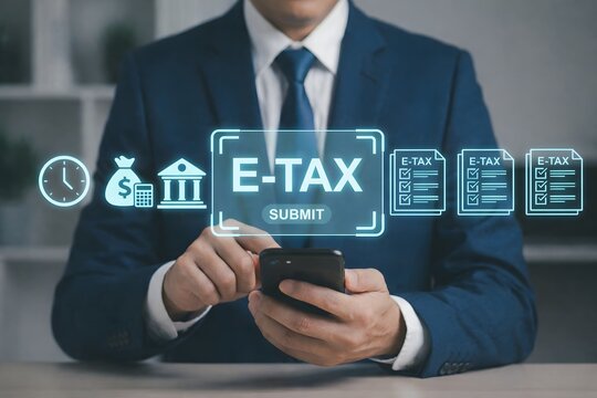Digital tax payment concept with mobile electronic filing and financial document icons