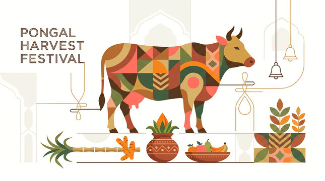 Pongal Harvest Festival invitation card with sacred cow decorated with geometric patchwork pattern design. Hinduism holiday and ethnic decor concept. Abstract illustration for banner, postcard 