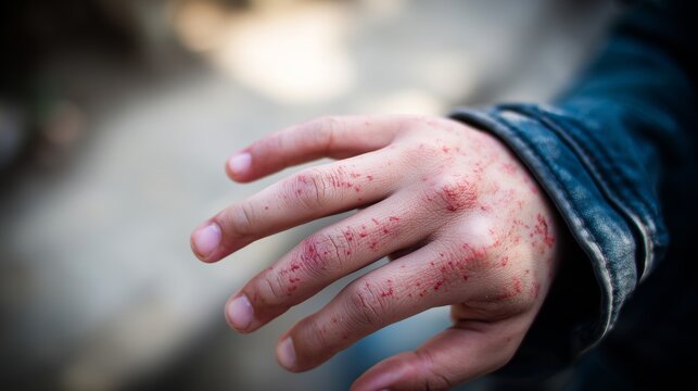 Hand foot and mouth disease symptoms visible on a child's hand during a sunny day outside