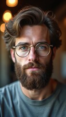 Fototapeta premium Bearded man with glasses looks directly forward. He has blue eyes, styled brown hair and wears a grey t-shirt. His facial hair is well-groomed and neat.
