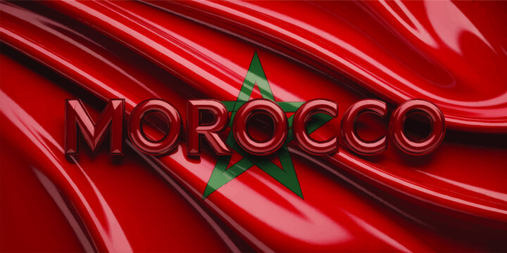 Morocco 3D Text on Red Silk Flag with Green Star, Glossy National Background Illustration for Travel, Culture, Identity and Design