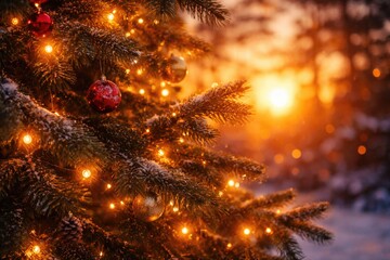 Fototapeta premium Sunset glow illuminating Christmas tree branches with festive lights