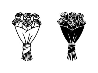Rose Bouquet Black Line Art and Silhouette Icons © Farzana