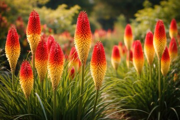 Naklejka premium Full length view of red hot poker flower plants flourishing with vivid petals