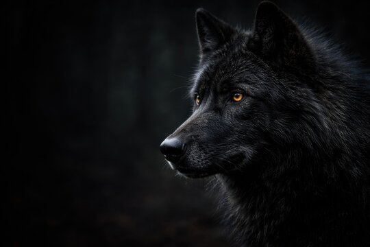 Intense close view of a black wolf head turned left showing empty caption space