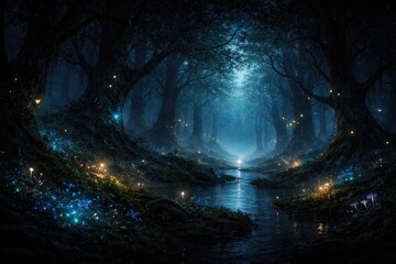 Naklejka premium Dark enchanted forest panorama with glowing mystical lights at midnight