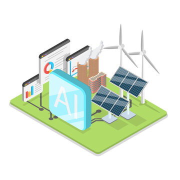 3D Isometric Flat  Illustration of Artificial Intelligence In Energy Production. Item 1