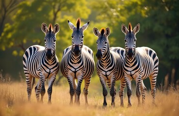 Obraz premium Four zebras stand together in tall dry grass on a sunny day. Their black and white stripes are distinct against the green trees background. The animals look alert in their natural wild habitat.