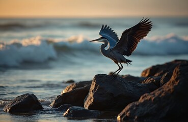 Fototapeta premium Heron bird lands on rocks at ocean shore. Wings spread wide near sea with breaking waves during sunset. Bird prepares for flight from coastal area.
