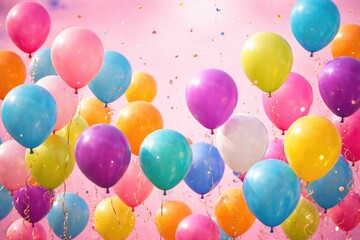 Fototapeta premium Cheerful party balloons soaring above with ample copy space against a pink background