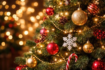 Fototapeta premium Christmas tree adorned with ornaments and a blurred background for festive mood