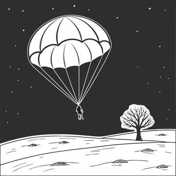 parachuting, nighttime, black and white, vector illustration, adventure sports, skydiving