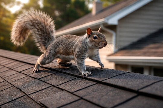 Energetic grey squirrel exploring full length view of residential roof