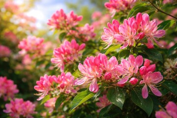 Fototapeta premium Vibrant pink honeysuckle blossoms on a sunny day