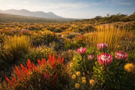 Vibrant fynbos biome displaying indigenous restios ericas and proteas with ample copy space