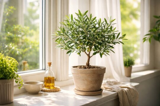 Potted Olive Tree Brightening Indoor Windowsill with Natural Light