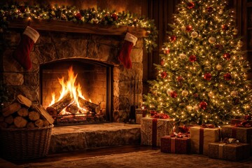 Fototapeta premium Cozy fireplace scene with kiln dried logs and a warmly lit decorated Christmas tree