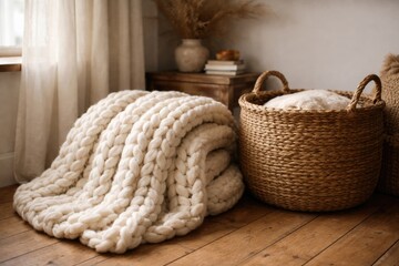 Fototapeta premium Handmade chunky knit blanket stored next to rustic basket in calm room