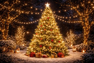 Fototapeta premium Joyful Christmas tree illuminated by sparkling fairy lights in garden