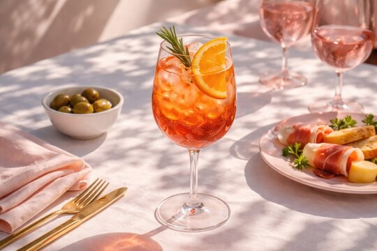 Sunlit cocktail aperitif casting shadows over a gentle pink and white setting