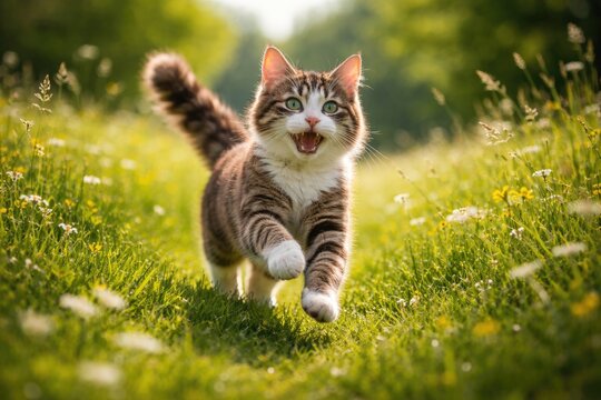 Cheerful cat frolicking on lush green summer meadow full length scene