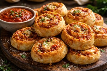 Fototapeta premium Freshly baked pizza rolls loaded with cheese and accompanied by tangy tomato sauce
