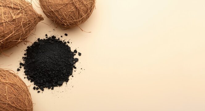 Organic activated carbon alongside coconut husks laid on a pale smooth background