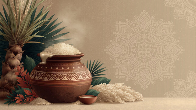 Traditional Pongal pot of steaming rice on beige background with mandala ornament. Hindu Harvest Festival and Thai Pongal concept. Flat illustration for banner, poster, card with copy space