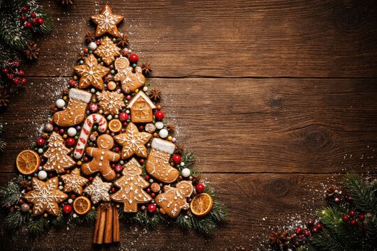 Christmas tree formed by gingerbread cookies on a textured wooden backdrop featuring copy space for festive messages