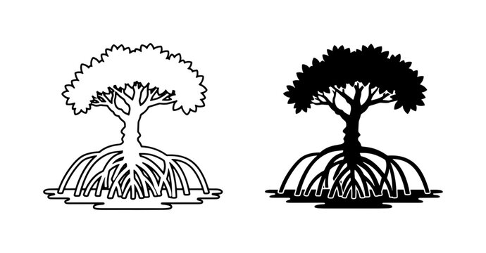 Mangrove tree silhouette and outline vector illustration