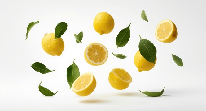 Floating fresh lemon halves and whole lemons with leaves on a pristine background representing zero gravity