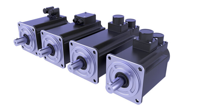 AC servo motors for CNC - 4 types PM servo motors. Industrial Brushless Stepper motors. 3D rendering isolated on white background. Ideal for professionals, educational, engineering, and industrial des