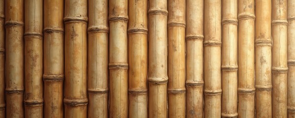 Naklejka premium Close up of weathered bamboo poles arranged vertically creating a textured wall or screen. Natural material displays warm earthy tones and visible grain patterns suitable for organic design projects.