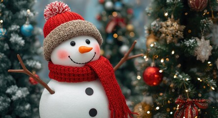 Fototapeta premium happy snowman dressed in a warm hat and scarf close to decorated fir Christmas trees