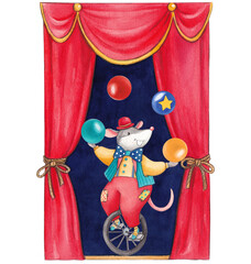 A mouse on a unicycle against a backdrop of circus scenery and forganga. A hand-drawn watercolor illustration in a childish style. Perfect for decorating a child's room, parties, birthday invitations.