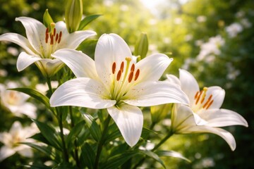 Fototapeta premium Close up portrait of white lily flowers blooming on a sunny summer day with green garden background