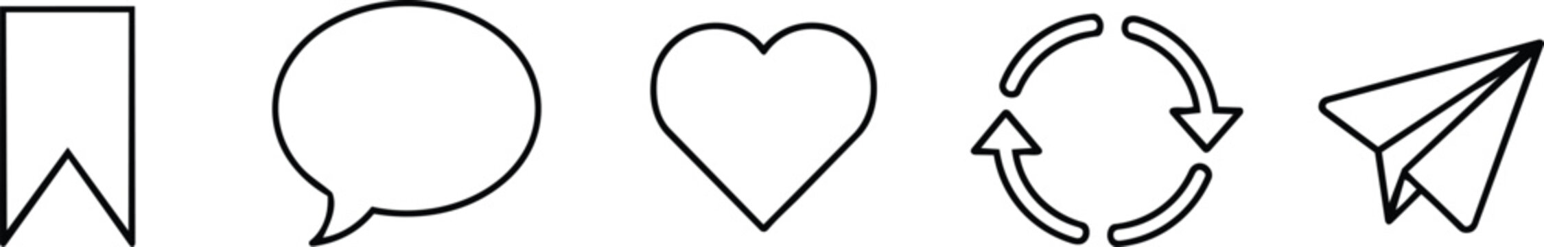 Instagram icons for Social media interaction line icon set with like, comment, save, share and repost symbols in clean outline vector style