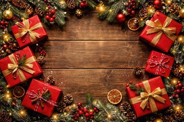 Fototapeta premium Festive red presents on rustic wooden backdrop Christmas frame with copy space