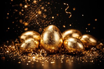 Fototapeta premium Luxurious gold coated Easter eggs with sparkling confetti on a sleek black background